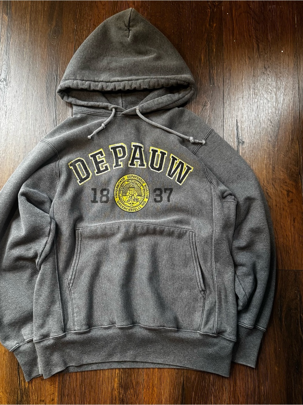 Champion Dark Gray Pullover Hoodie with Yellow DePauw Logo - Men